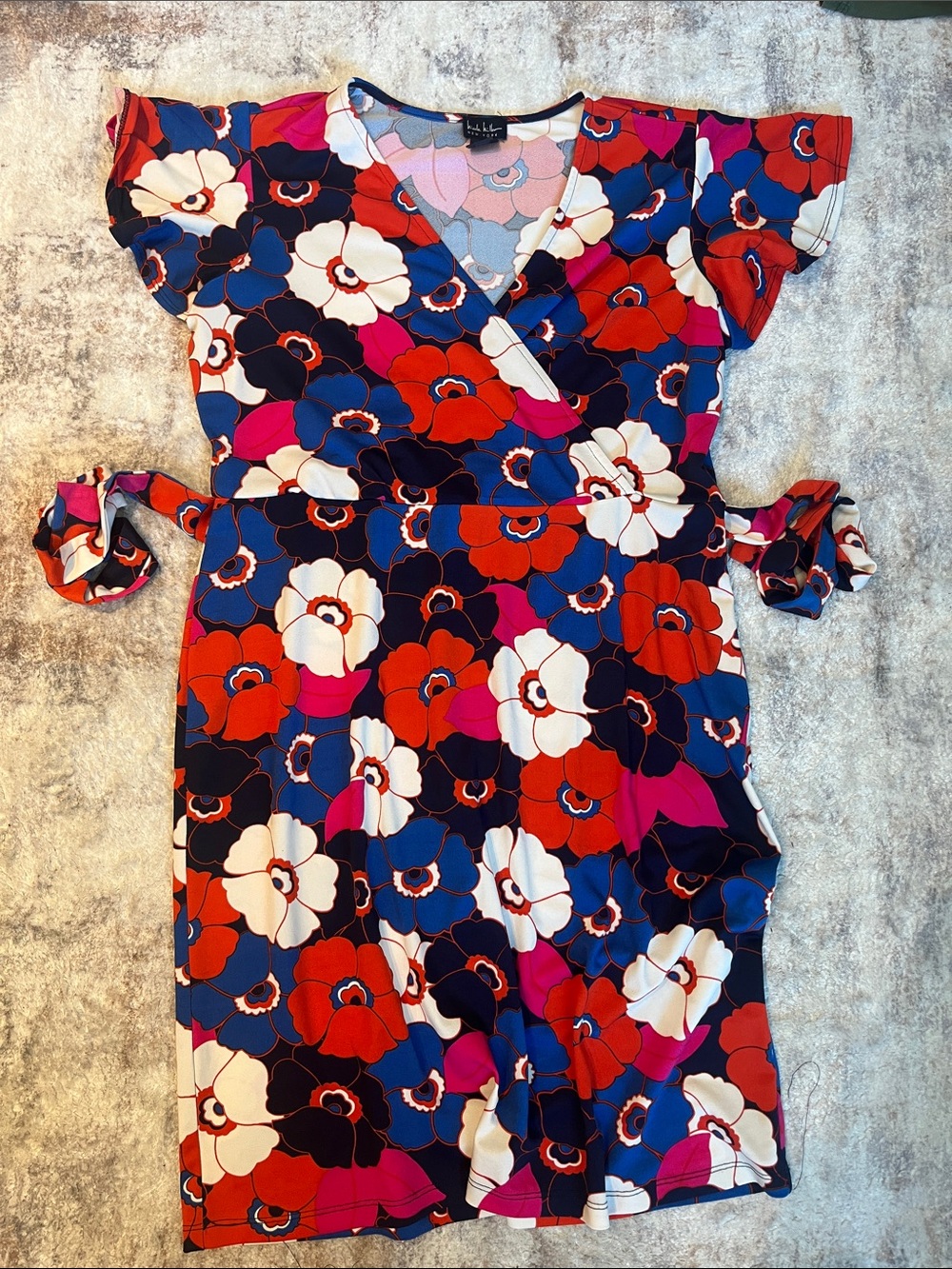 Nicole Miller Floral Wrap Midi Dress - Red, Blue, White & Pink